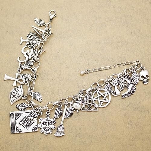 Witch Charm Bracelet Antiqued Silver Halloween Jewelry Pagan 7″ New