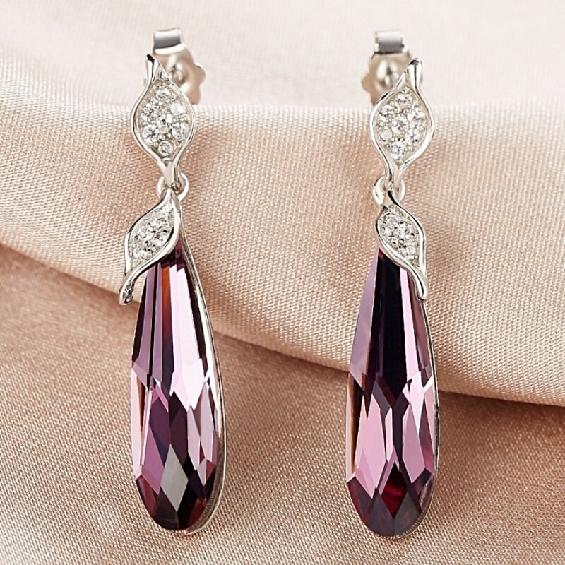 S925 Sterling Silver Made With SWAROVSKI Crystal Long Oval Amethyst Earrings