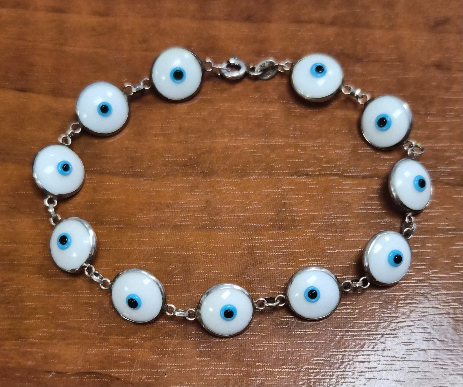 Estate Sterling Silver 925 White & Blue Evil Eye Glass Tennis Link 7″ Bracelet