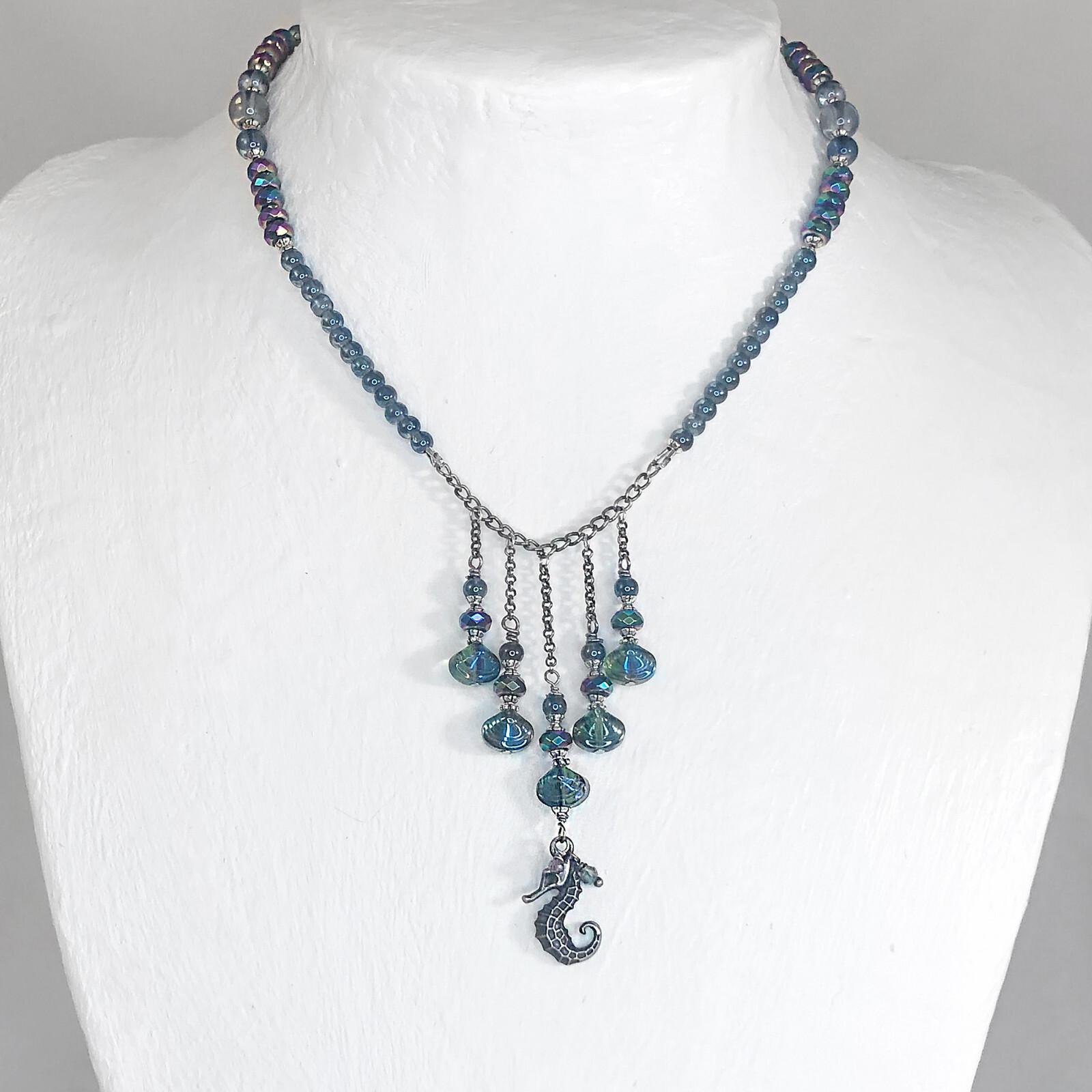 Seahorse Choker, Titanium Coated Quartz, Faceted Hematite, Glass Seashell Neckla