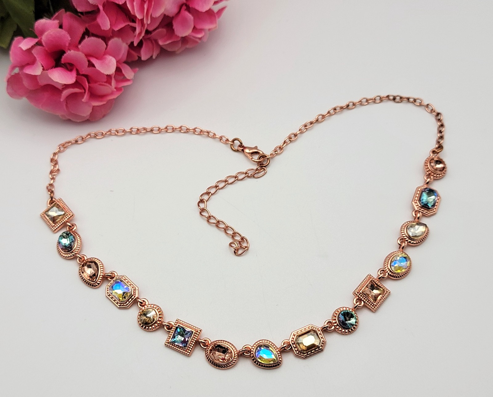 Rose Gold Tone Multicolor AB Crystal Panel Link Necklace 20″ Adjustable