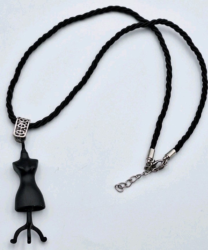 Black Mannequin Dress Form Art Pendant Necklace Black Braided Cord 19″-20″ *RARE