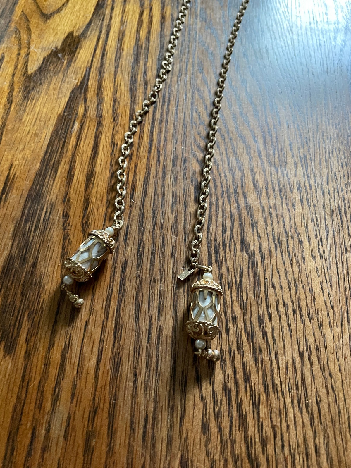 Vintage 60s Signed Emmons Magic Lantern Necklace Faux Mother of Pearl Dangles
