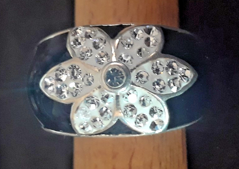 Vintage Sterling Silver & Black Enamel Crystal Flower Ring By CA Sz 9/19.2mm