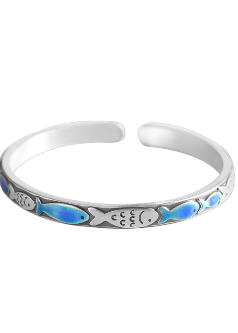 I03 Armspange kleine Fische blaue Verzierungen Armreif Feinsilber Silber 999