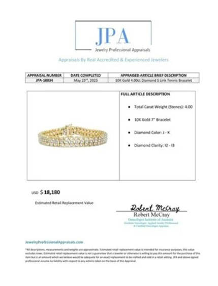 10k Solid Yellow Gold 4.0 ctw Diamond S Link Band Tennis Bracelet 7.0” MOTIVATED