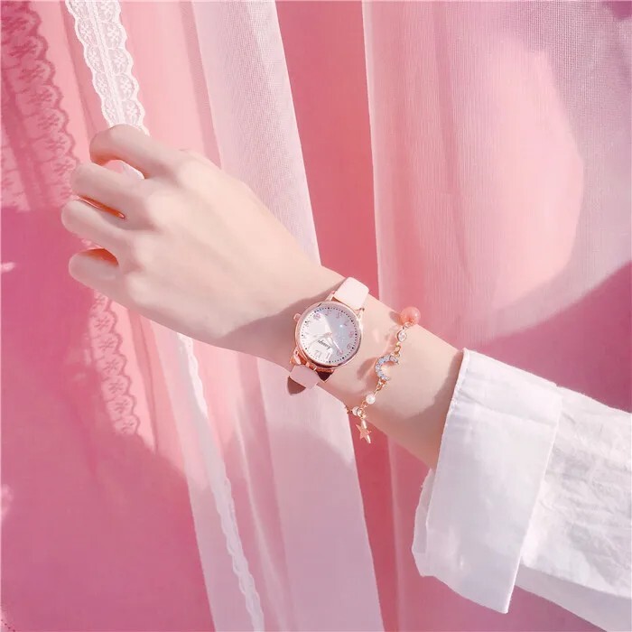 Kids Children Set Watch Leather Strap Quartz Watch Girls wrist Watch + Bracelet