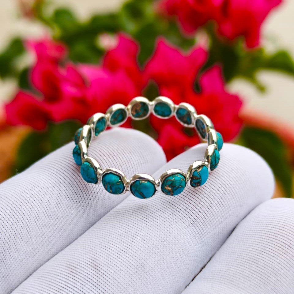 Natural Handmade Blue Copper Turquoise Sterling Silver Full Eternity Band Ring