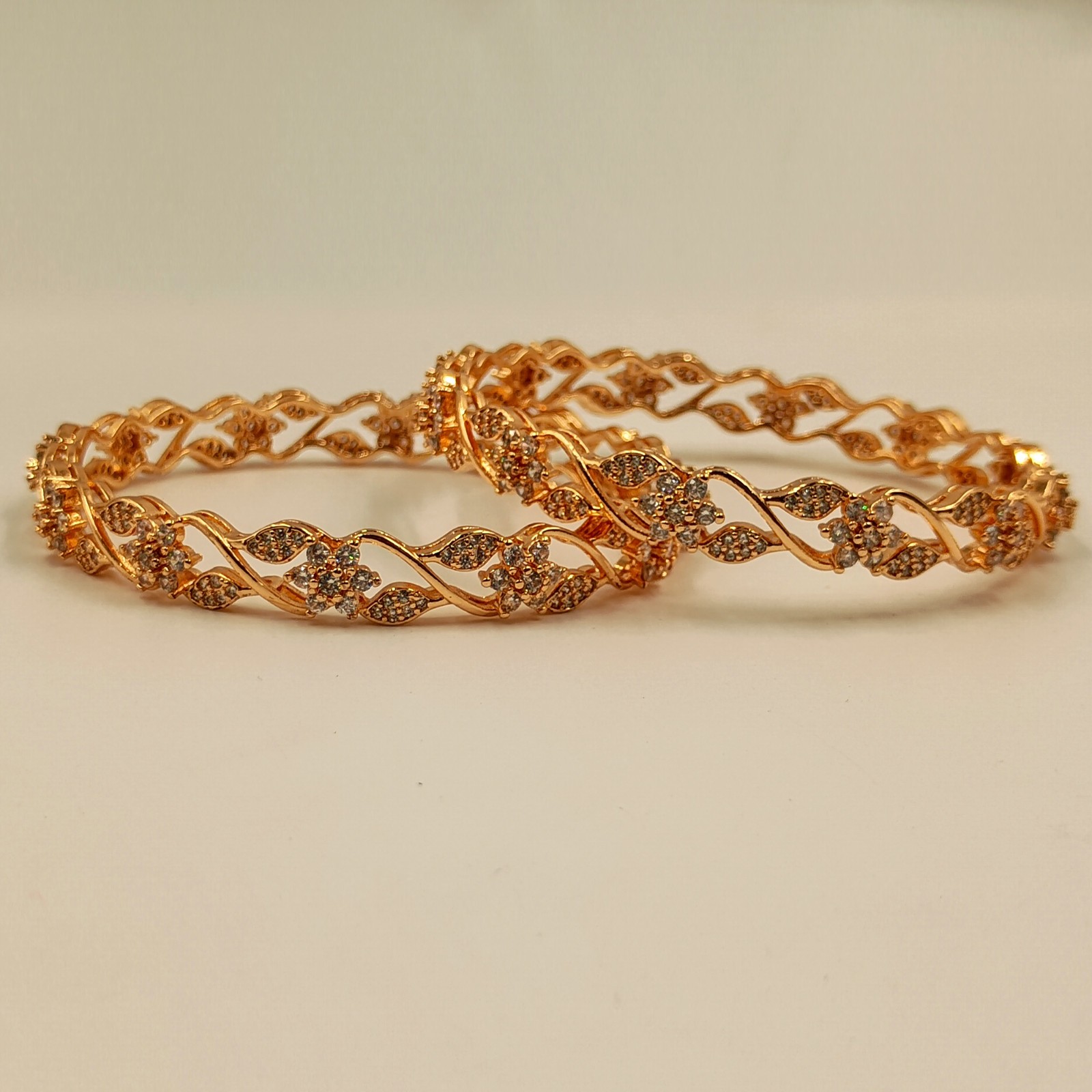Cubic Zirconia 22k Rose Gold Plated Bangle, CZ American Diamond Bracelet 2 Pcs K