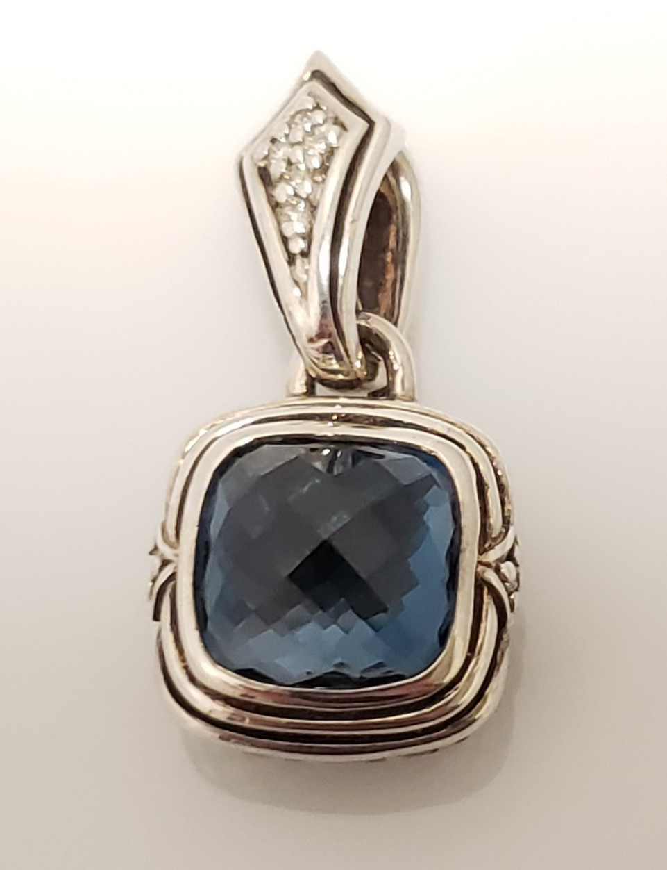Scott Kay Sterling Silver Square Blue Topaz Pave Diamond Accent Pendant