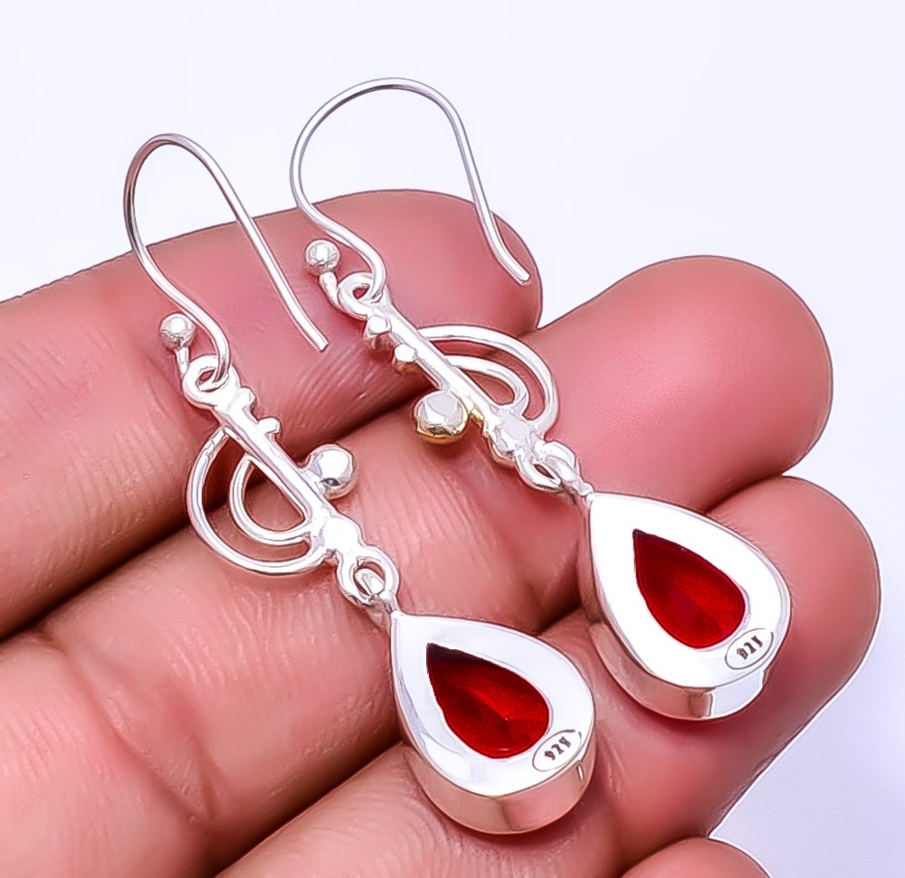 Red Garnet Gemstone 925 Sterling Silver Two Tone Earrin 1.95″ E_9322_106_36