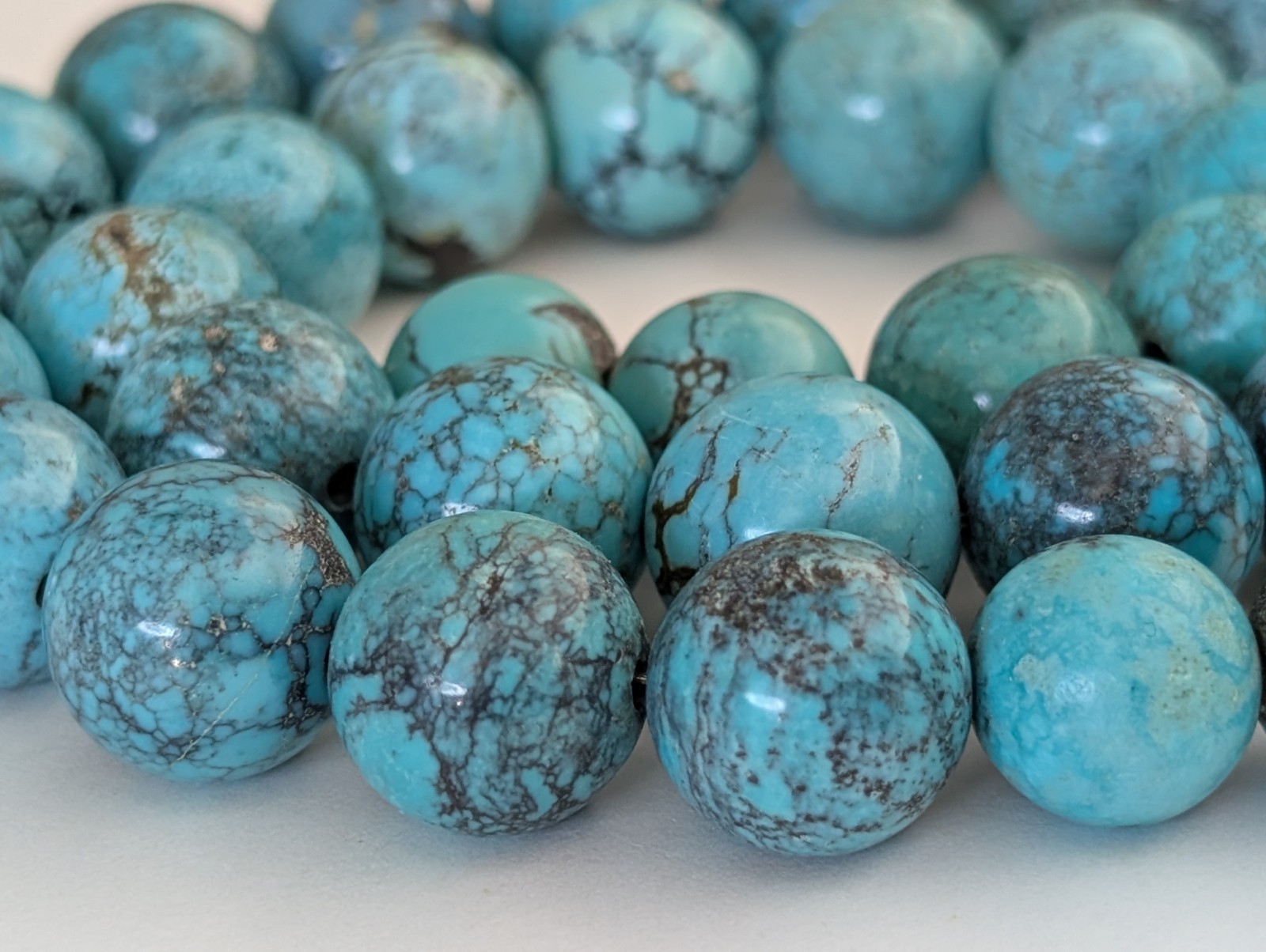 18″ Sterling Silver 13.5mm Natural Hubei Chinese Turquoise Bead Necklace 114g
