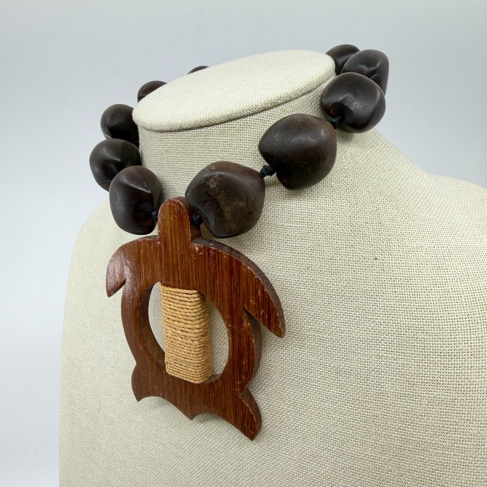 Chunky Brown Nut Bead Necklace Wood Sea Turtle Pendant Boho Tribal Statement