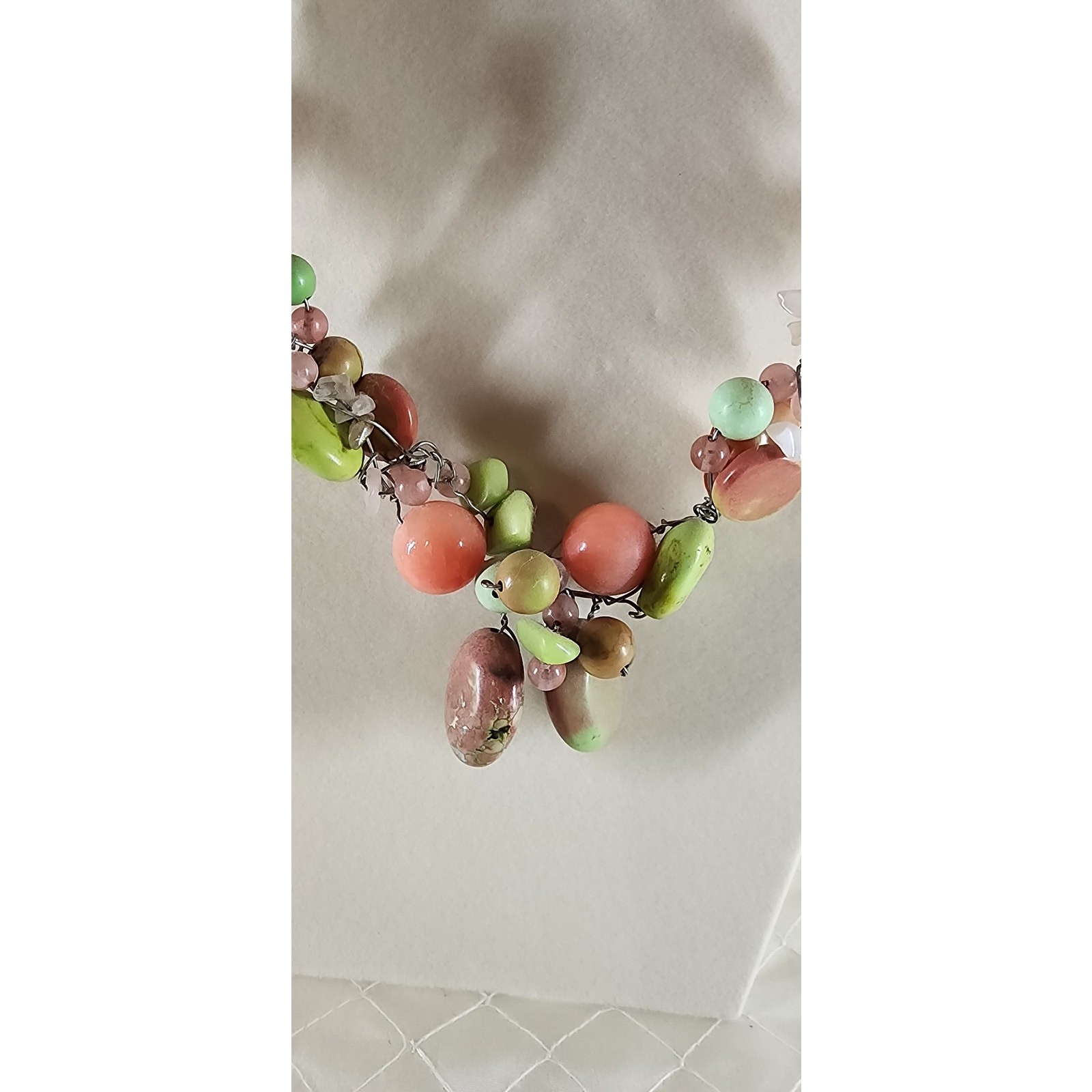 Handmade Artisan Gemstone Beaded Necklace Earring Set Pink Green Wire Wrap 20″