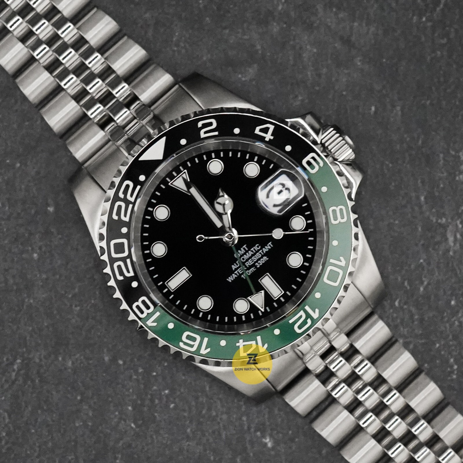 Custom Made 40mm Green Black GMT Sub Diver Mod Watch w/ NH34 Movement
