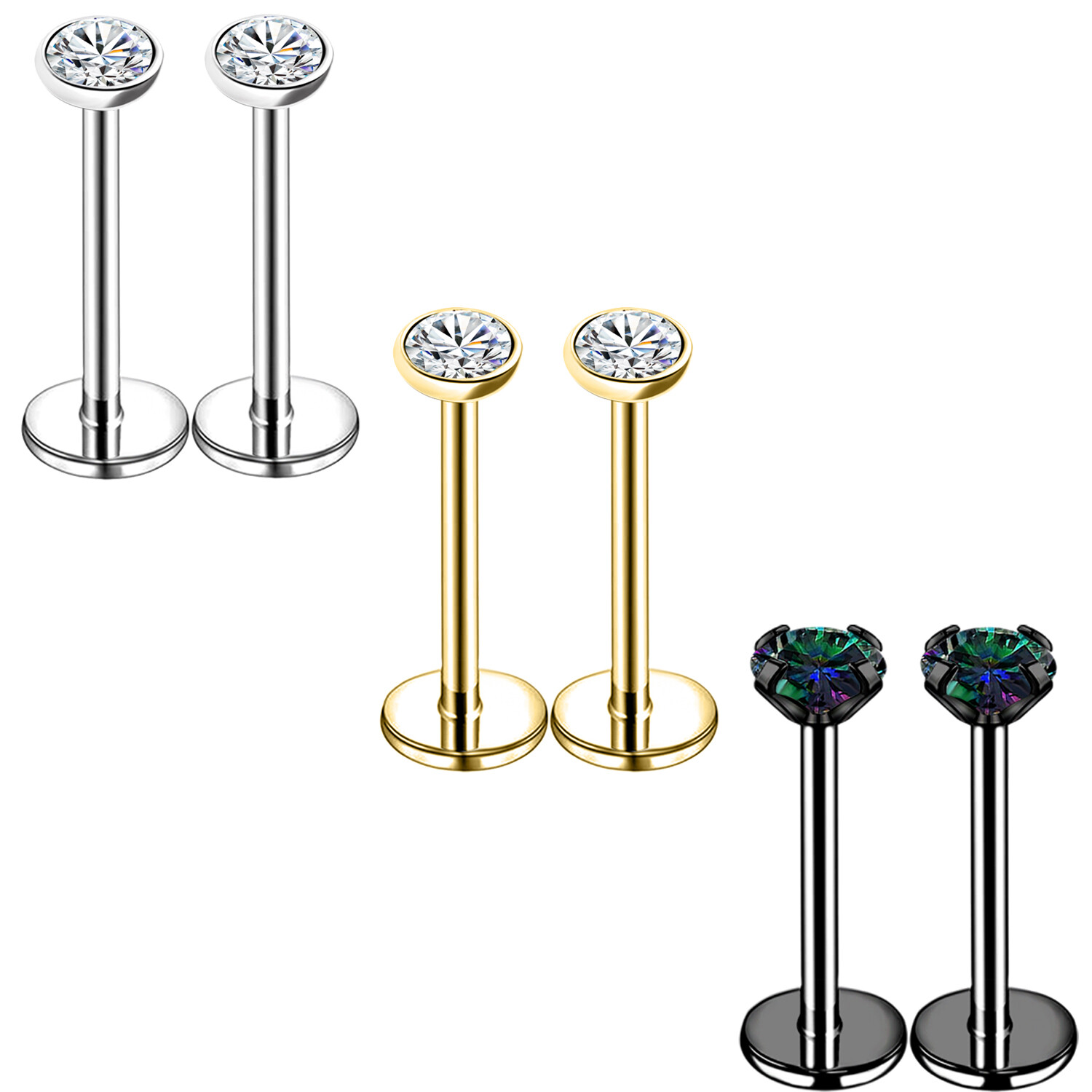 18G 20G Stainless Steel CZ Lip Studs Push in Ear Helix Labret Piercings Jewelry