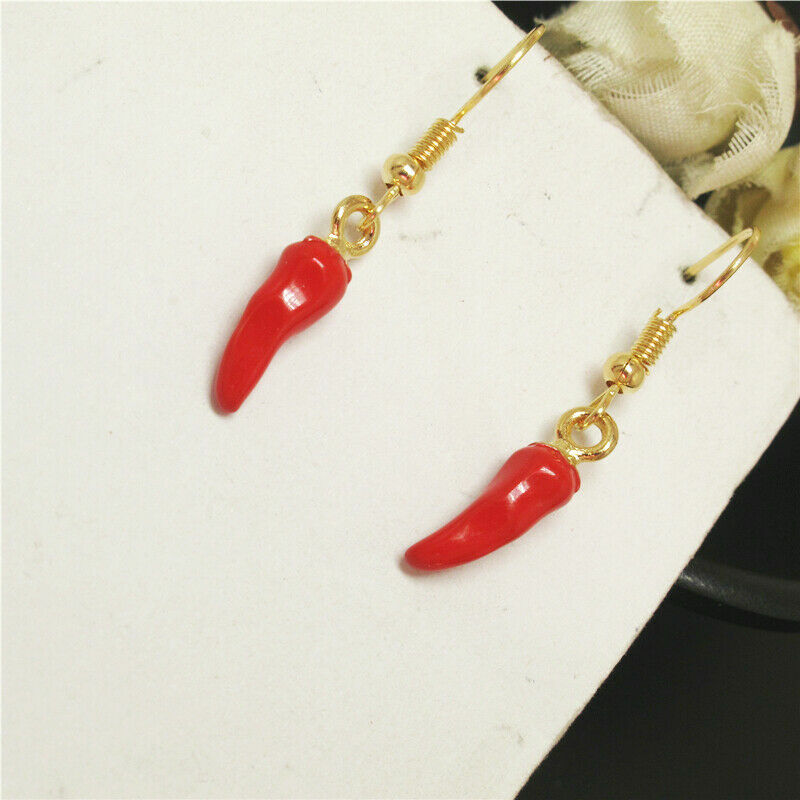 Cute New Yellow Gold Red Enamel Hot Chili Pepper Hook Dangle Drop Earrings