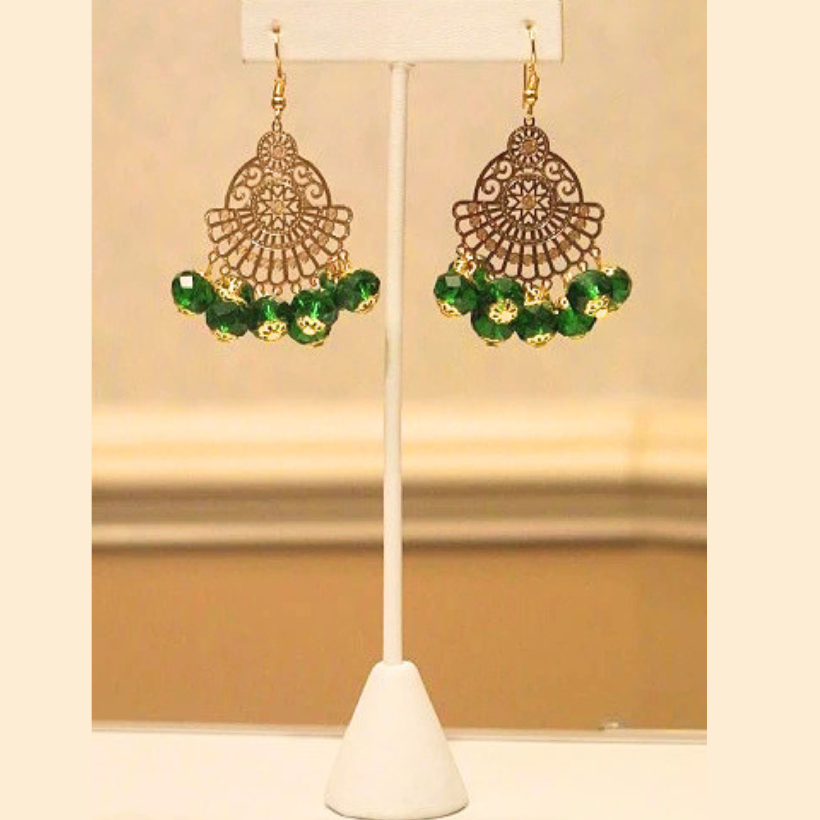 Handmade Emerald Green Filigree Statement Dangle Earrings Gold Tone Boho Women