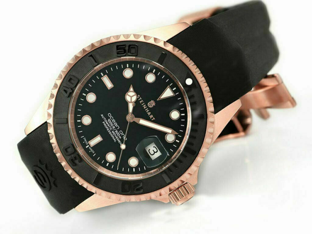 Steinhart Ocean One PINK GOLD Black Silicone Automatic Swiss Dive Watch 103-0893