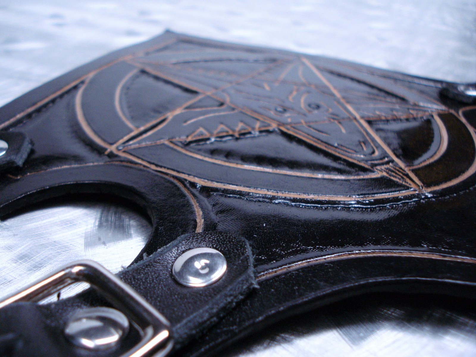 LEATHER BAPHOMET CARVED GAUNTLET. BLACK METAL…(MDLG0149) …..BEHEMOTH