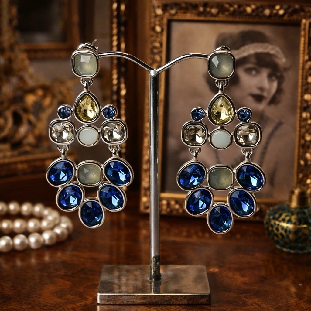 Blue Dangle Drop Pierced Earrings – Glass Stones – 2 1/8” Long -Presidium Tested
