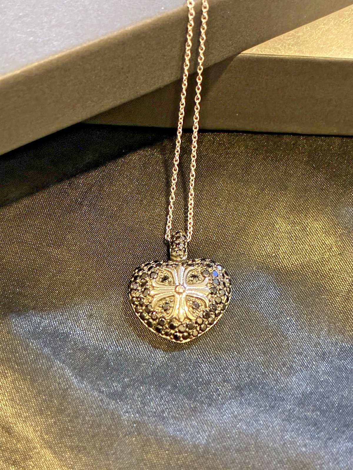 925 Sterling Silver Rhodium Black CZ Heart Cross Pendant Necklace 16″ + 2″