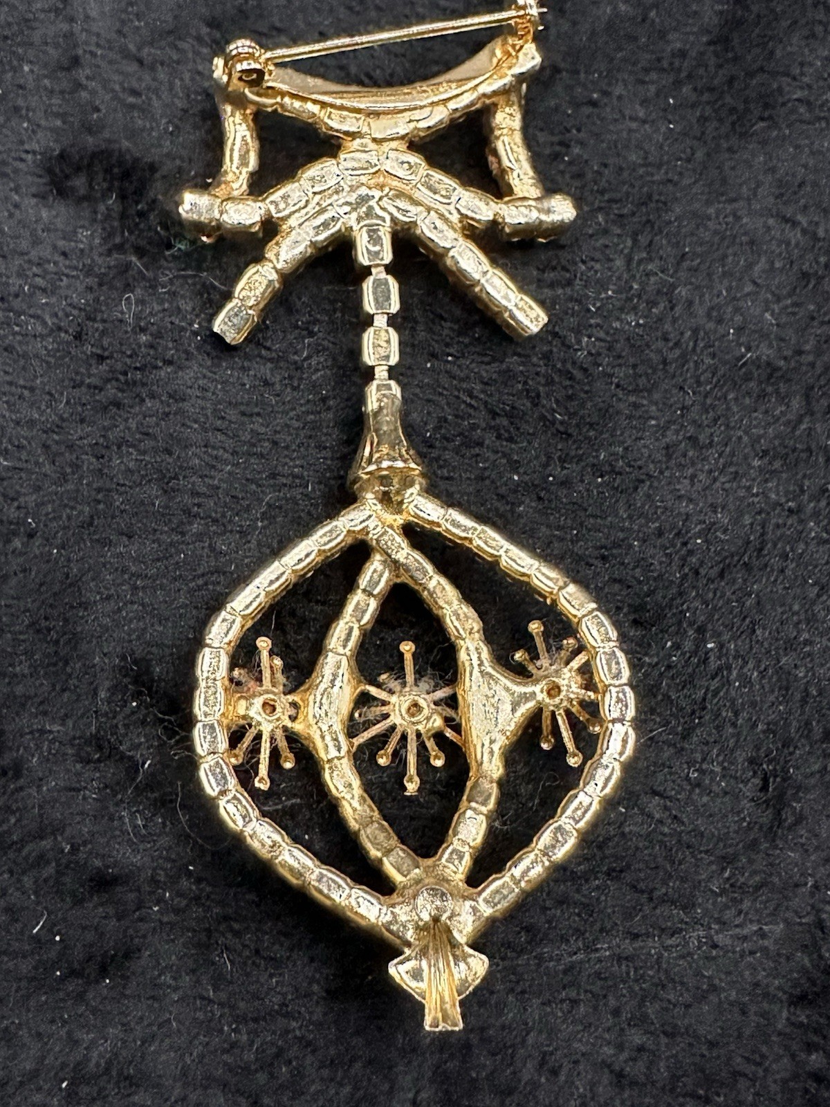 Vintage Dangling Christmas Ornament Brooch Gold-tone Red Green Clear Rhinestones
