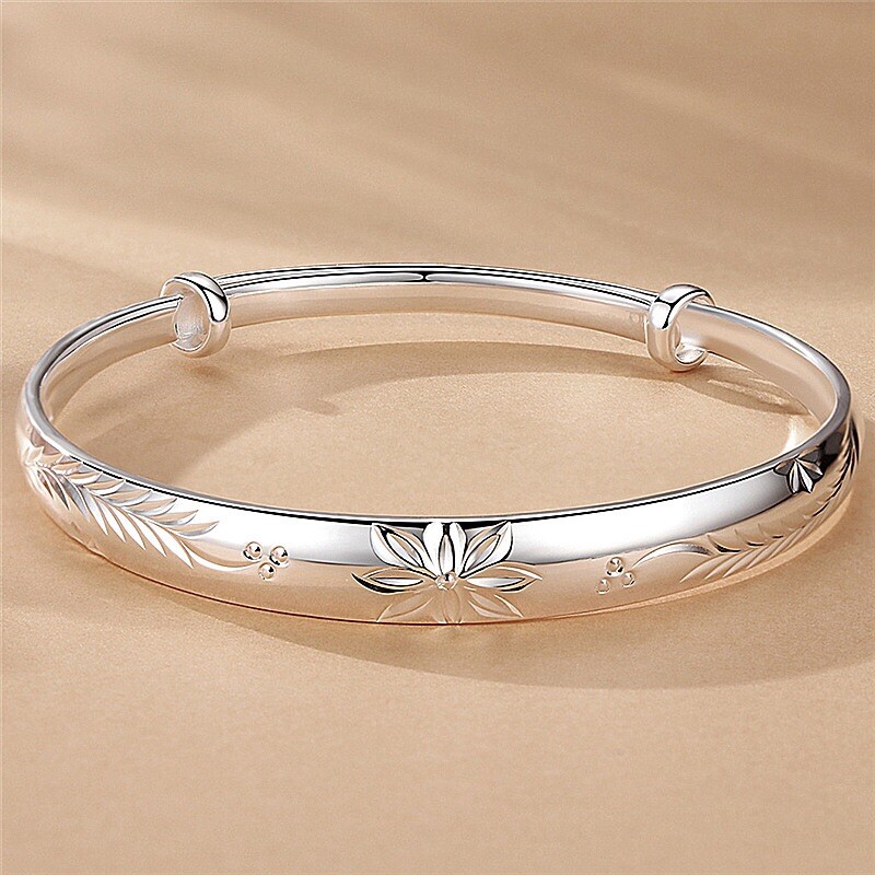 Vintage Handmade 925 Sterling Silver Lucky Flower Bracelet Hand Bangle