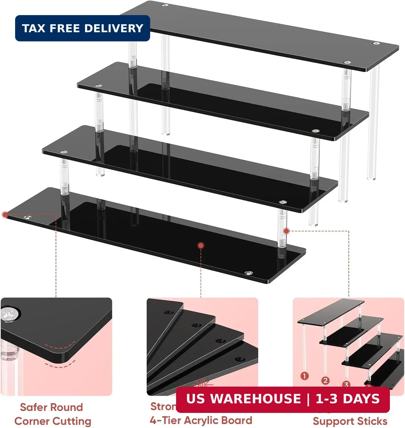 4 Tier Acrylic Display Risers, Black Perfume Organizer Stand, Large Cupcake Stan