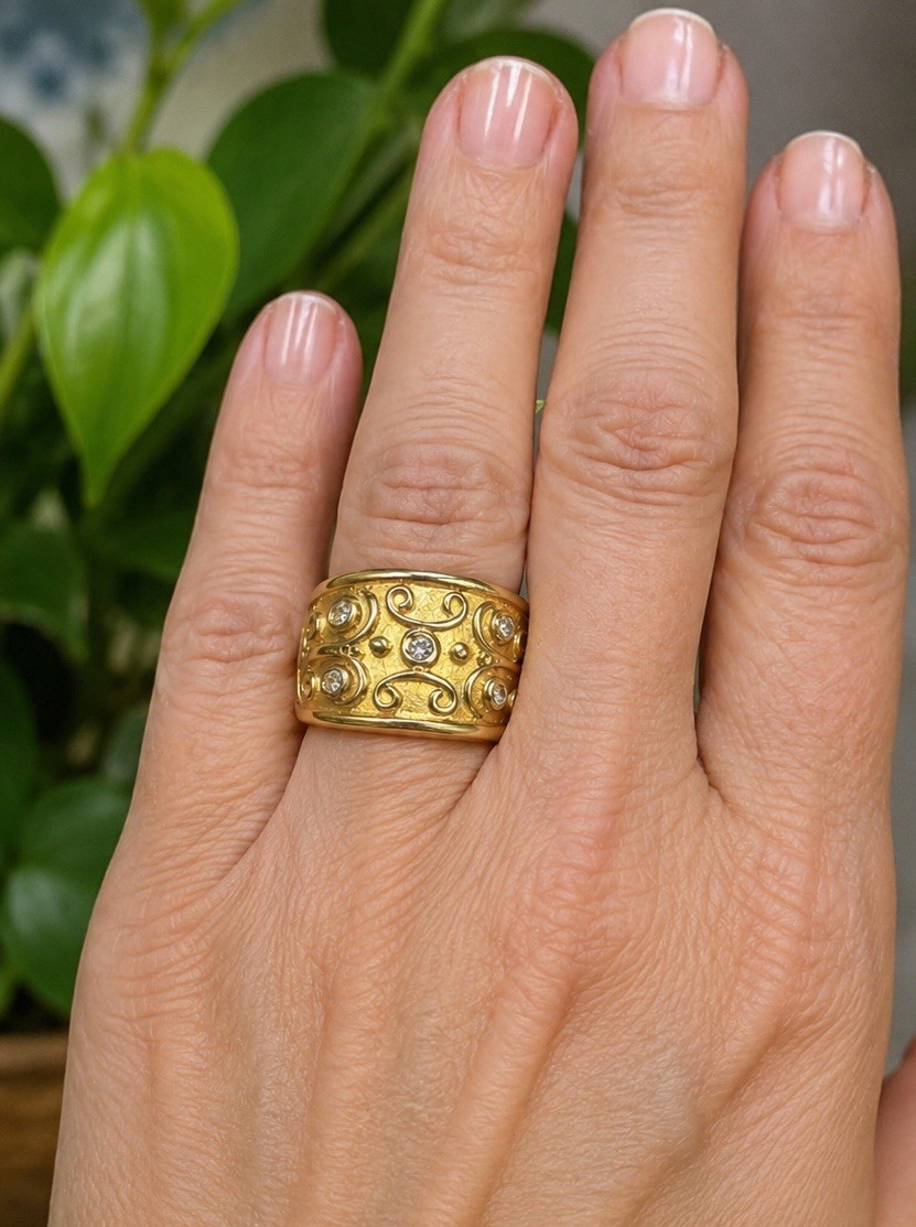 Vintage Gold Plated Wide Band Ring Sz 7 Scrolls Etruscan Revival Estate USA Made