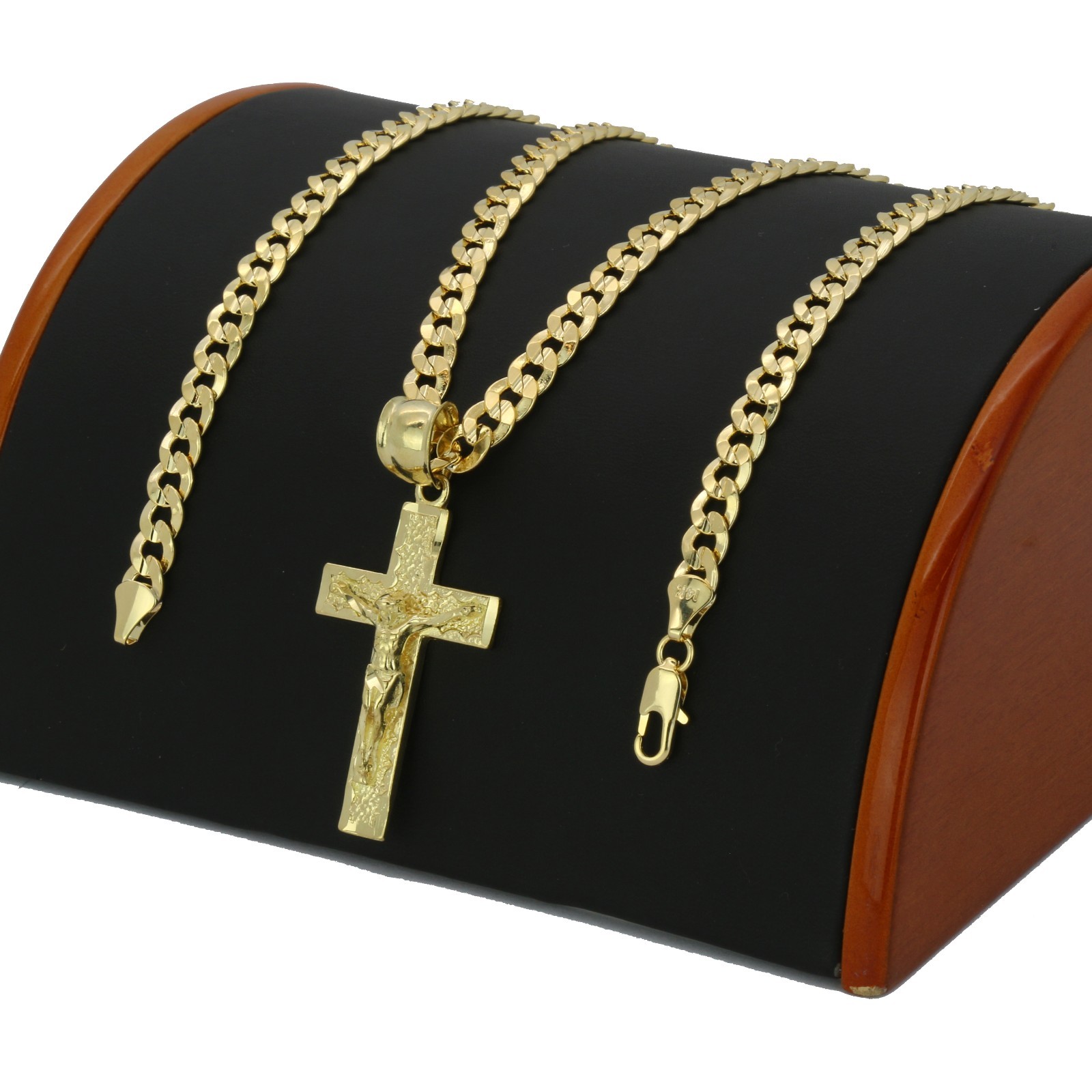 Mens 18k Gold Plated JESUS CROSS Hip-Hop Pendant 6mm Cuban Chain Necklace (S-3)