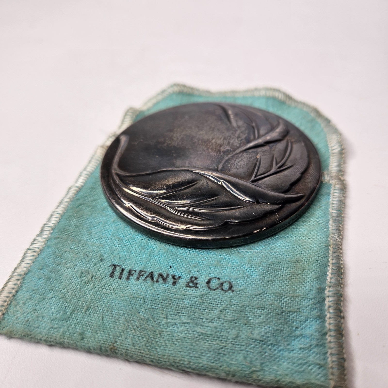 Tiffany & Co. Leaf Compact Mirror Silver Plate w/ Pouch Vintage Makeup Mirror