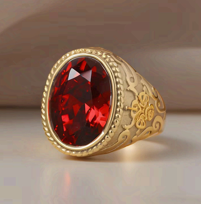 Red Stone Signet Ring Surgical Steel Gold Tone Statement Band