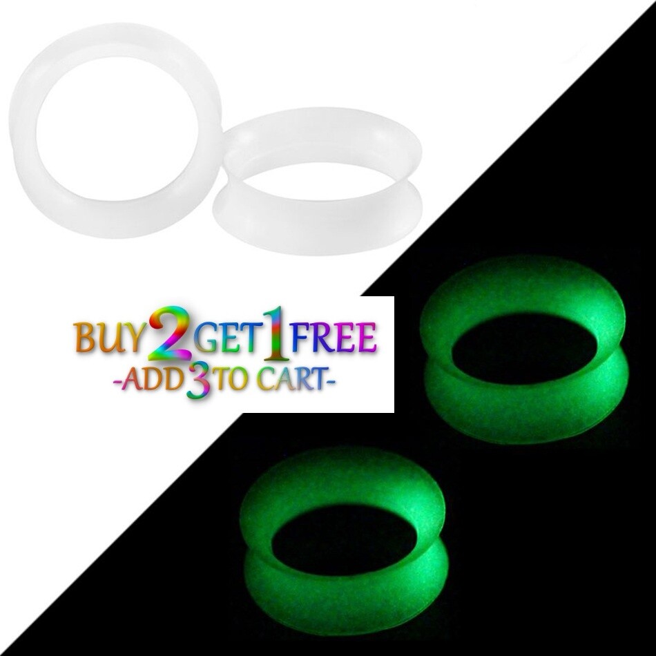 Pair 8g-40mm CLEAR GLOW SILICONE FLESH TUNNELS Double Flare Gauges Thin 1030