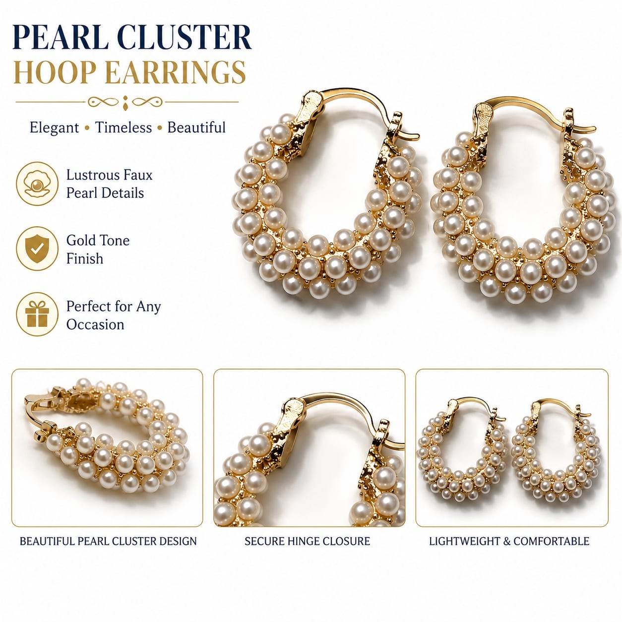 Gold Tone Faux Pearl Cluster Hoop Earrings Elegant Jewelry Gift