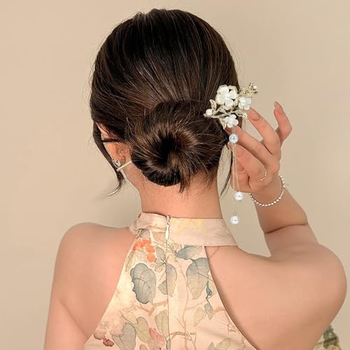 2Packs Lily of the Valley Chinese Hair Sticks for Buns, Pearl Flower beige