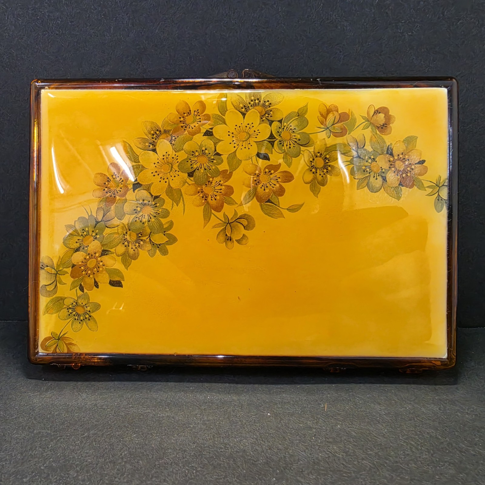 Vintage 1970s Mustard Yellow Floral Lucite Acrylic Jewelry Box Valet Tray…