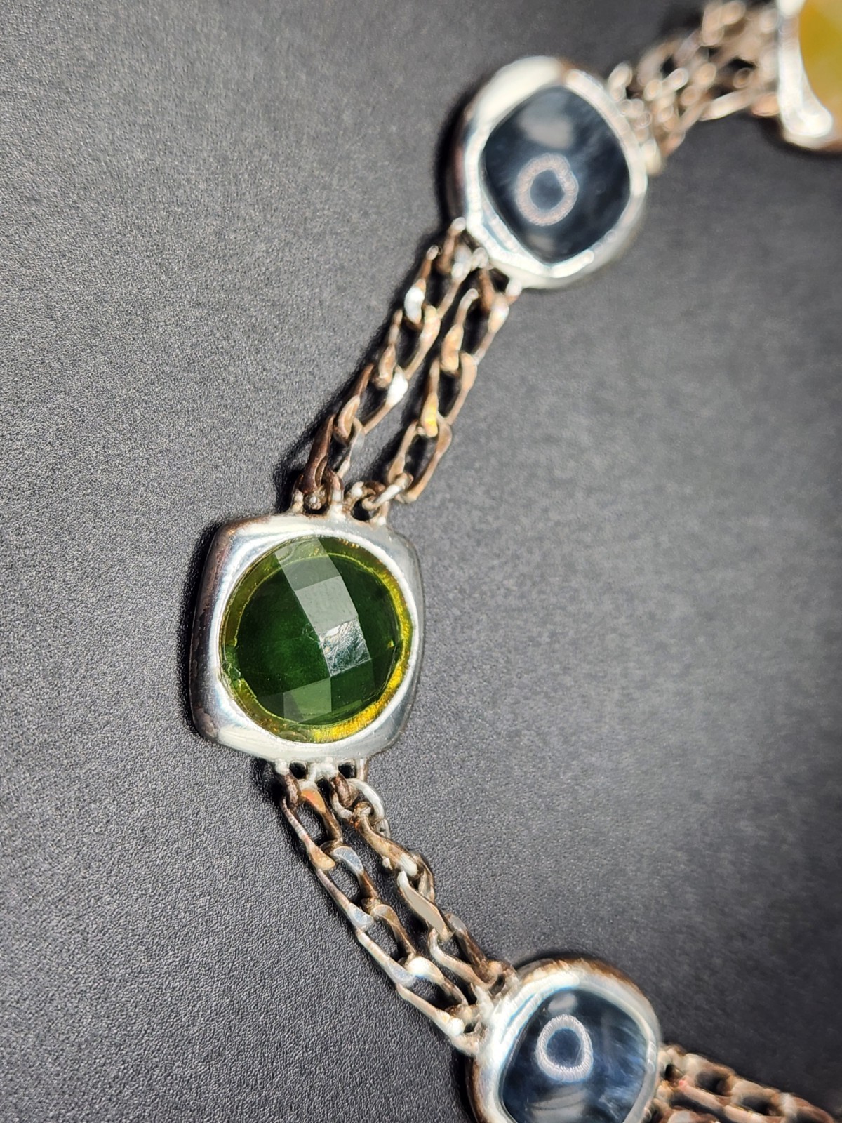 #0086 – Silver Tone Multicolor Glass Cabochon Link Necklace Green Blue Yellow…