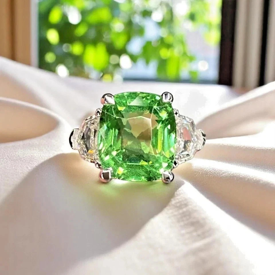 4.80 Ct Cushion Natural Peridot & Diamond 14K White Gold Wedding Ring Size 6,7