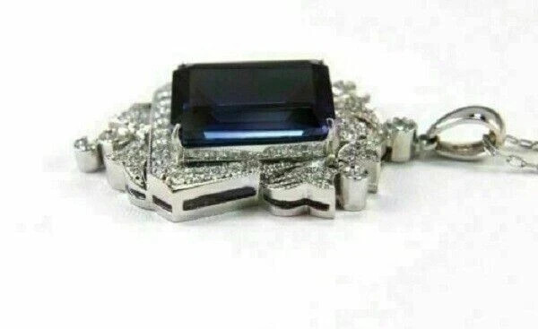 3Ct Emerald Cut Blue Sapphire Halo Pendant 14K White Gold Finish Free 18″ Chain