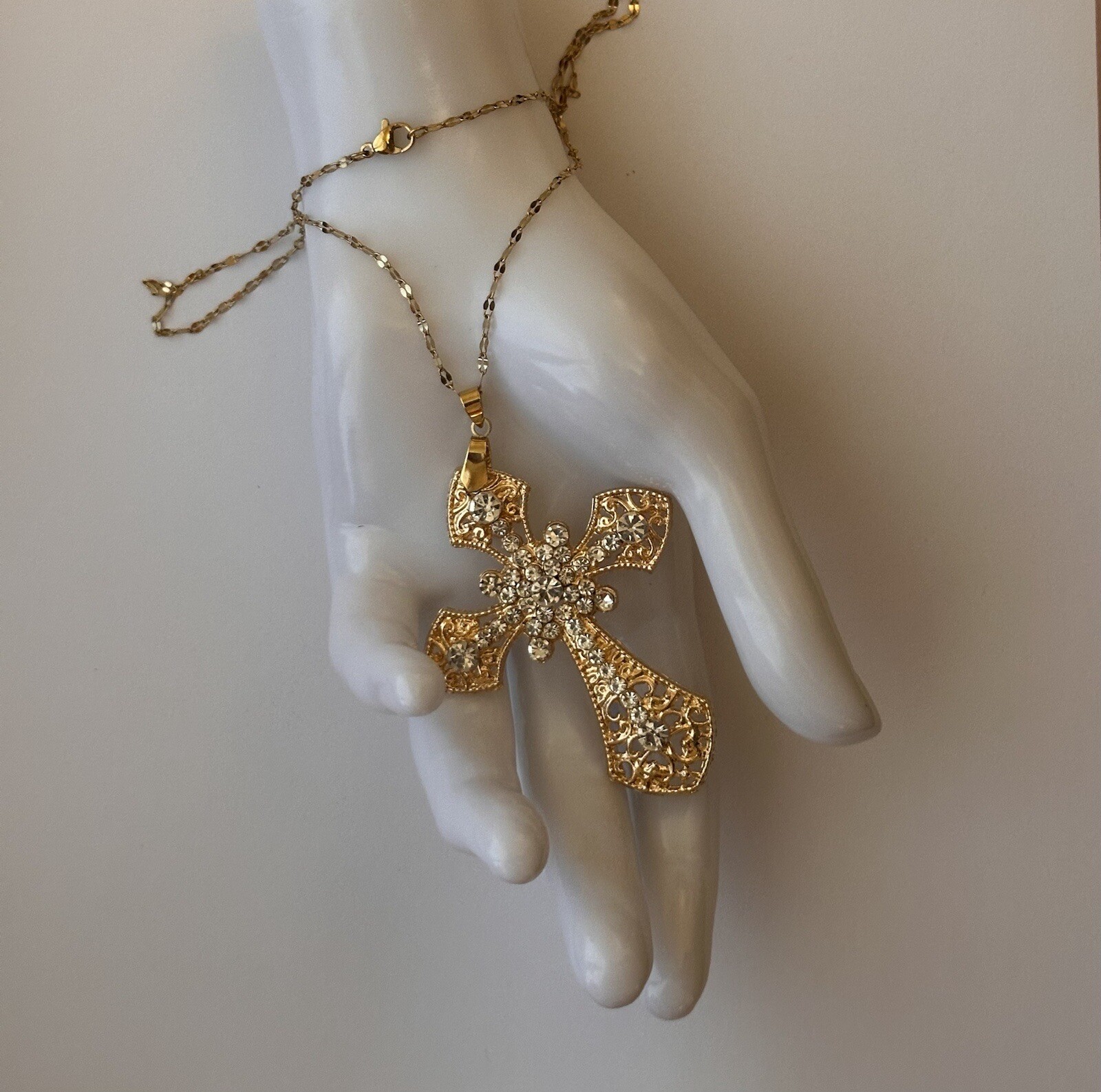 Gold Tone Large Victorian Cross Necklace Chain Religious Gothic Grunch Whimsgoth