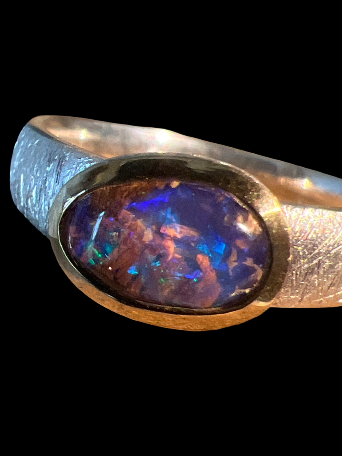 Blue Red Moon Opal 10mm x 7mm Ring in Sterling Silver with Gold Plated Setting