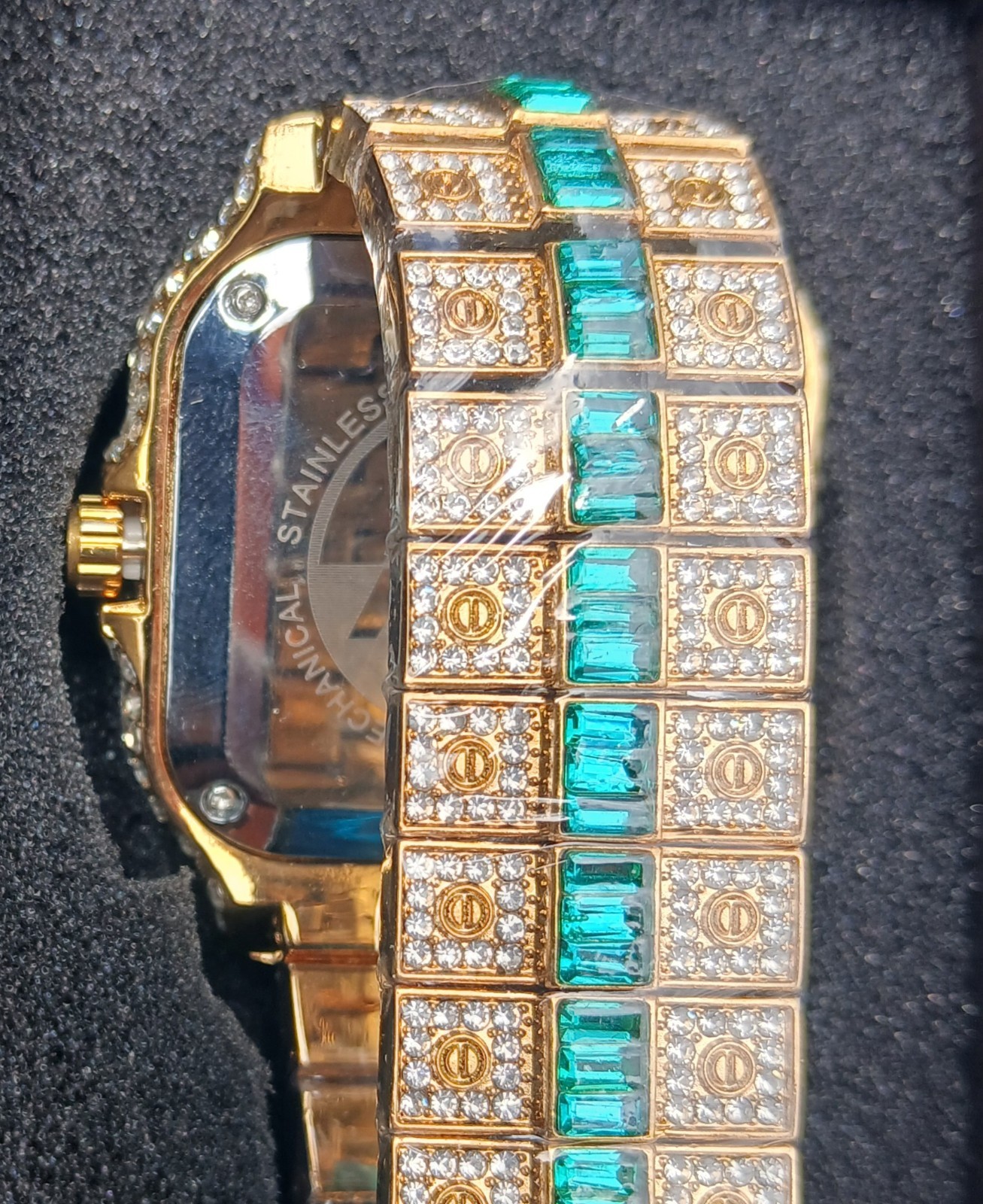 AJ ACCESSORIES 43MM ICED OUT GOLD WATCH WITH GREEN VVSCZ CRYSTALS ARABIC NUMBERS