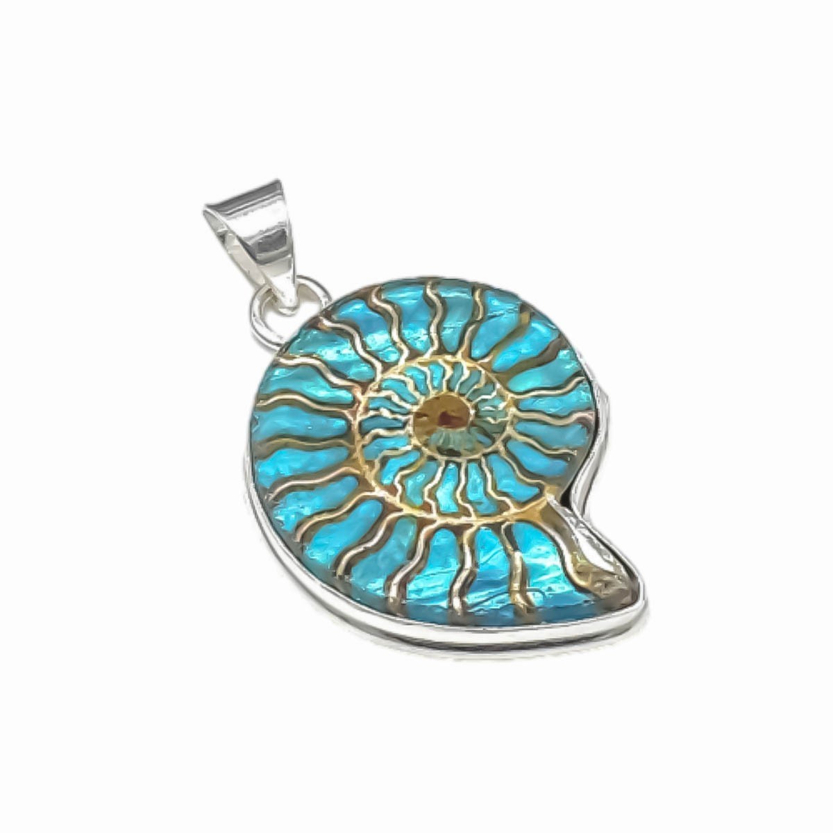 Green Ammonite Fossil Gemstone 925 Sterling Silver Handmade Pendant
