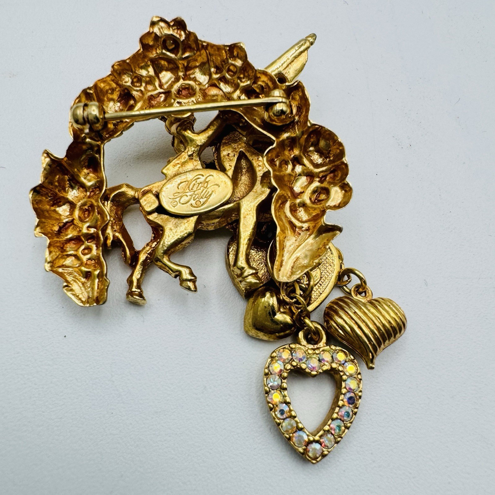 VTG Kirks Folly Sir Lancelot Knight Horse Brooch Pin Gold Tone Heart Dangle