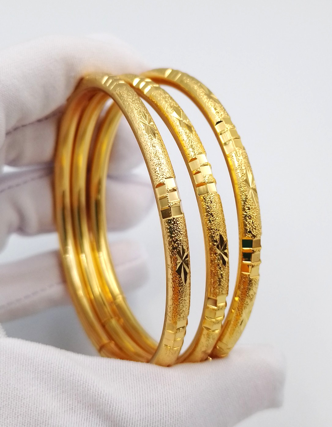Set 3 Bangle Bracelets 23K 24K Thai Baht Gold GP Filled Women Girls Gift 5.7 cm
