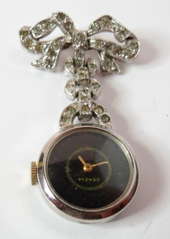 VINTAGE WOMEN GENIVA PIN BROOCH 7’J WATCH BLACK DIAL MANUAL WIND RINESTONES RUNS