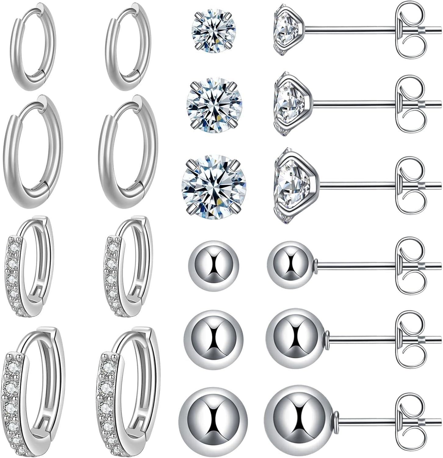 Stylish Surgical Steel Earrings Set: 10 Pairs Lightweight Huggie and Stud Styles