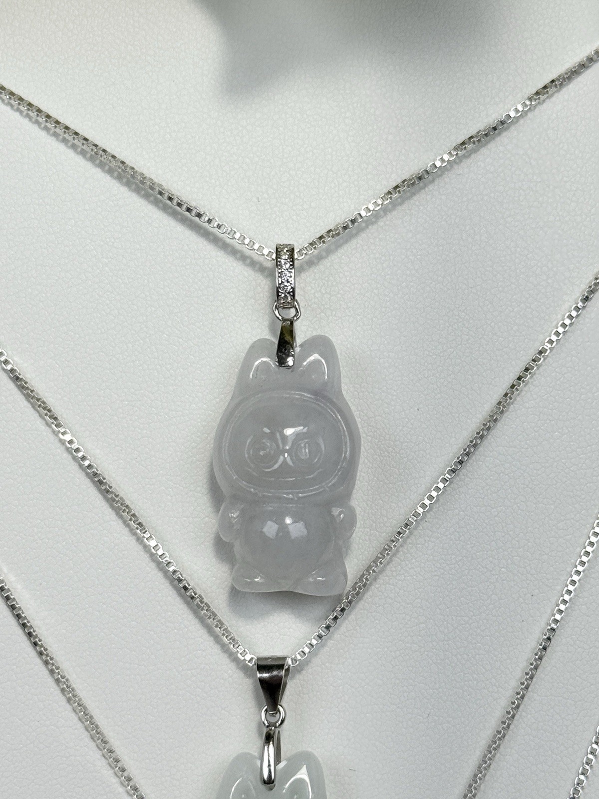 Jadeite White Bubu Pendant Necklace 27.2/12.3MM on Silver S925 18IN Chain