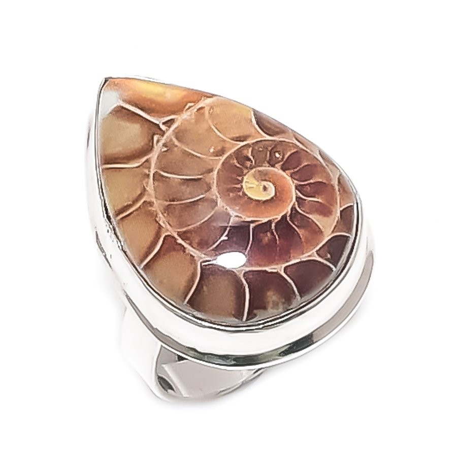 Ammonite Fossil Gemstone Handmade 925 Sterling Silver Jewelry Ring Size 8 Z248